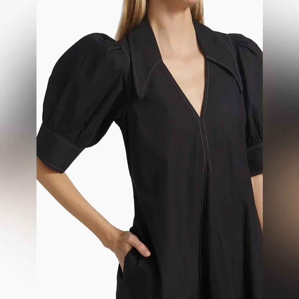 Ganni Cotton Poplin V-Neck Midi Dress, Size Medium - Picture 6 of 7